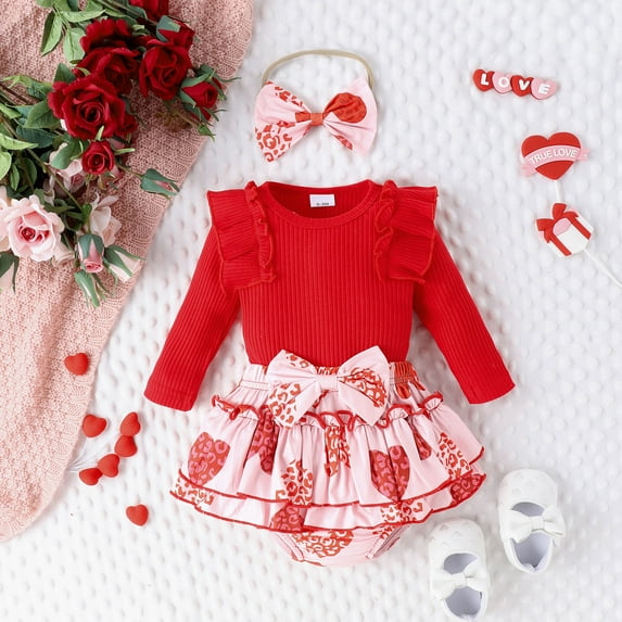 Bjutir Cute Toddler Baby Bodysuits Set Girls Valentine'S Day Long Sleeve Ribbed Romper Bodysuit Heart Prints Ruffles Shorts Outfits For 18 Months