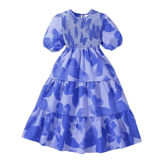Bjutir Dress For Girls Summer Sweet Sleeve Print For Kids Girls Dresses Blue Size 7-8 Years