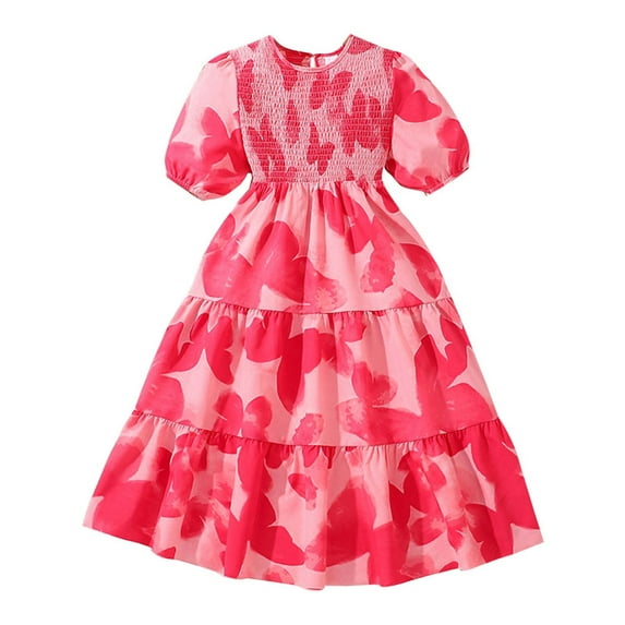 Bjutir Dress For Girls Summer Sweet Sleeve Print For Kids Girls Dresses Red Size 7-8 Years
