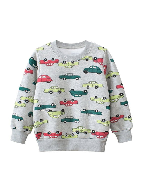 Fall Sweatshirts For Boys Cartoon Car Print Pullover Tops Breathable Crewneck Sweatshirt Streetwear Clothes Size 2-8 Years, Grey