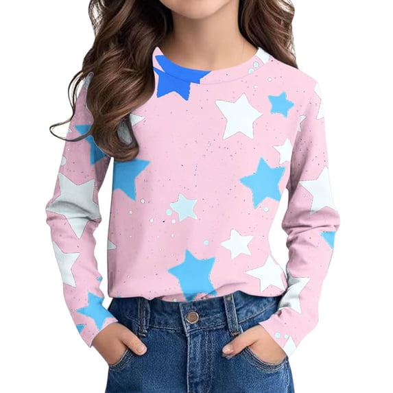 Bjutir Fall Shirts For Girls Long Sleeve Star Print Pullover Tops Breathable Casual Wear Tshirts Size 2-13 Years