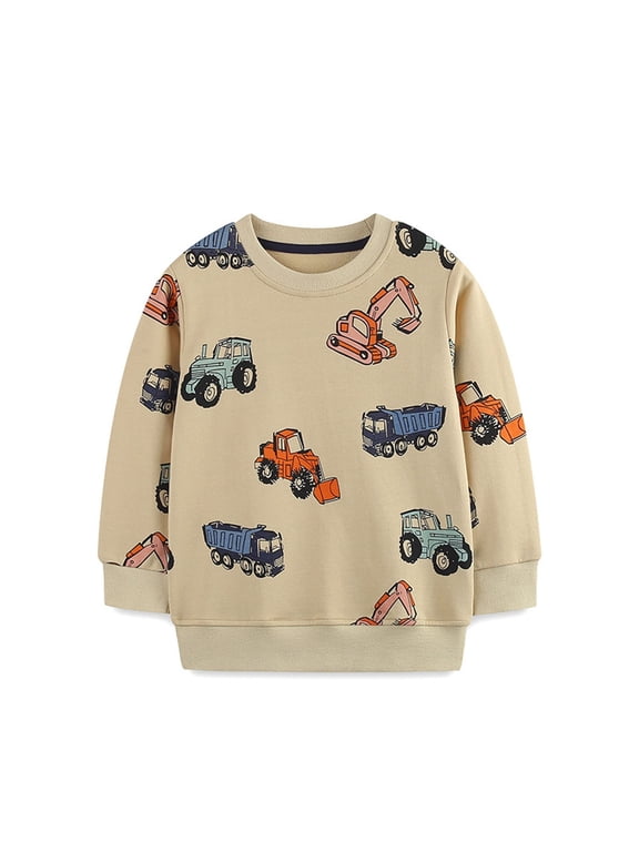 Fall Sweatshirts For Boys Cartoon Car Print Pullover Tops Breathable Crewneck Sweatshirt Streetwear Clothes Size 2-8 Years, Beige