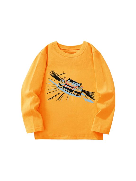 Fall Sweatshirts For Boys Cartoon Car Print Tops Crewneck Winter Long Sleeve Pullover Beauty Streetwear, Size 2-8 Years, Yellow