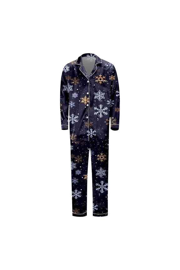 Family Christmas Pajamas Matching Sets Mens Silk Christmas Pajamas Long Sleeve Lapel Snowflake Print Shirts With Pants Nightwear,Navy,Size L