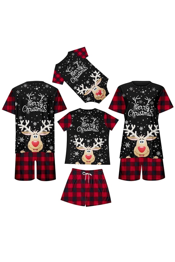 Family Christmas Pajamas Matching Sets Women Christmas Pajamas Reindeer Snowflake Print Pajama Set Short Sleeve Sleepwear With Red Plaid Skirt With Pockets,Red,Size L
