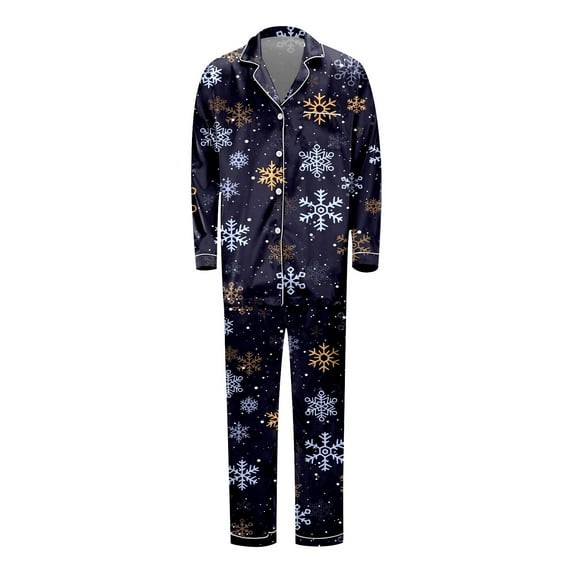 Bjutir Family Christmas Pajamas Mens Silk Christmas Pajamas Long Sleeve Lapel Snowflake Print Shirts With Pants Nightwear,Navy,Size M