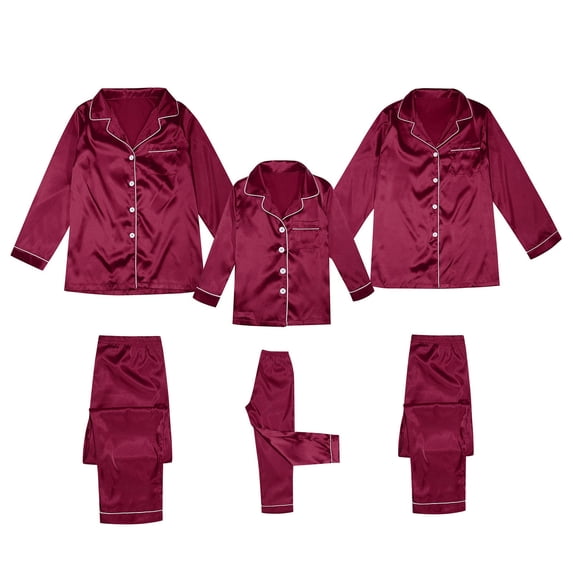 Bjutir Family Pajamas Matching Sets Mens Christmas Satin Silk Pajamas Set Button Down Solid Two Piece Set Sleepwear Loungewear Long Sleeve Casual Nightwear,Red,Size Xxl
