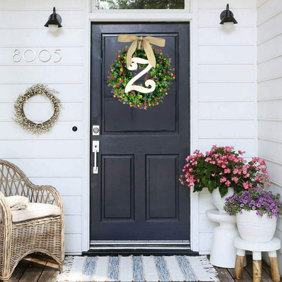 Bjutir Front Door Wreath Summer 1Pc Unique Last Name Year Round Front Door Wreath With Bow Welcome Sign Garland Creative 26 Letter Farmhouse Wreath All Seasons Outside Hanger Decor Gift