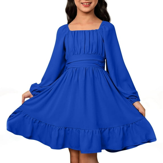 Bjutir Girl Dress Casual Long Sleeve Backless With Waist Tie For Outdoor Summer Spring Fall Long Sleeve Crew Neck Cute Print Girls Dresses,Blue,14-15 Years