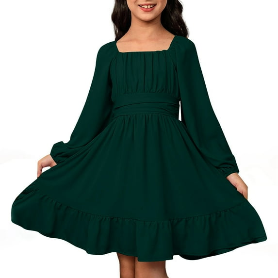 Bjutir Girl Dress Casual Long Sleeve Backless With Waist Tie For Outdoor Summer Spring Fall Long Sleeve Crew Neck Cute Print Girls Dresses,Dark Green,6-7 Years