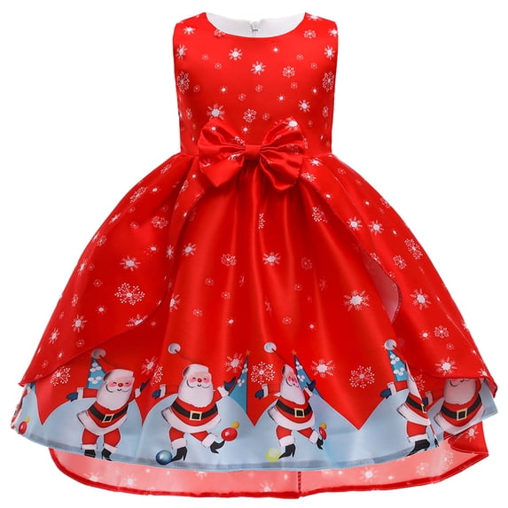Bjutir Girl Dress Dance Xmas Child Gown Kids Pageant Party Christmas Princess Skirt Long Sleeve Crew Neck Cute Print Girls Dresses,Red,8-9 Years