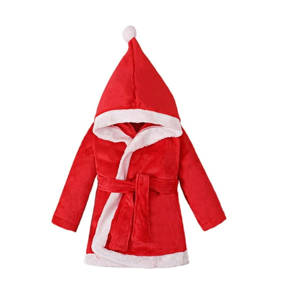 Bjutir Girl Pajamas Boys Girls Christmas Fleece Robe Coat Hooded Toddler Soft Fuzzy Bathrobe For Housecoat Long Sleeve Crew Neck Cute Print Kids Sleepwear,Red,4-5 Years