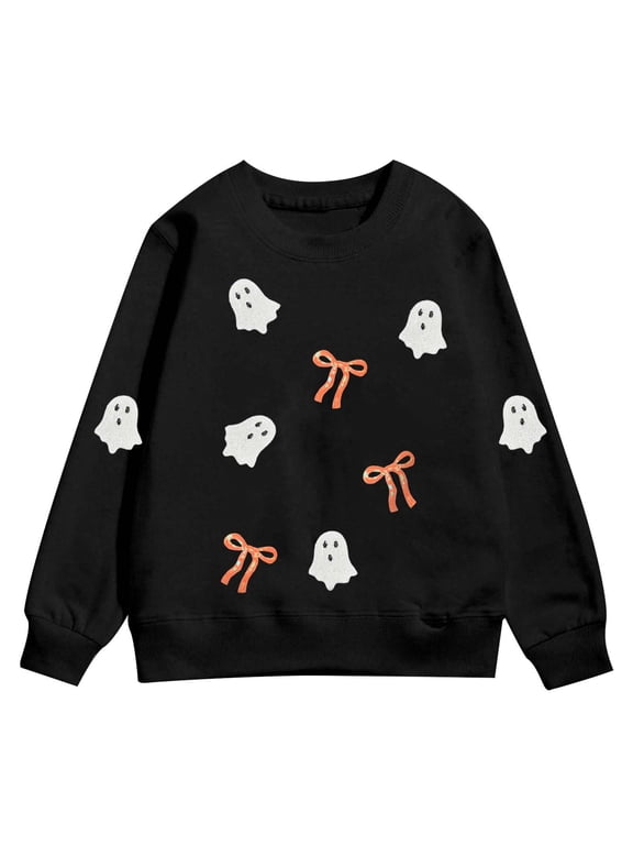 Girl'S Halloween Sweatshirts Ghost Print Tops Crewneck Holiday Long Sleeve Pullover Beauty Cool Weather Wear, Size 3-14 Years, Black