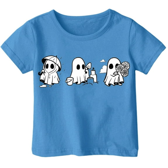 Bjutir Girl Shirts Boys Halloween Themed Printed Style Short Sleeved Top Crew Neck Cute Print Girls Tops,Blue,2-3 Years