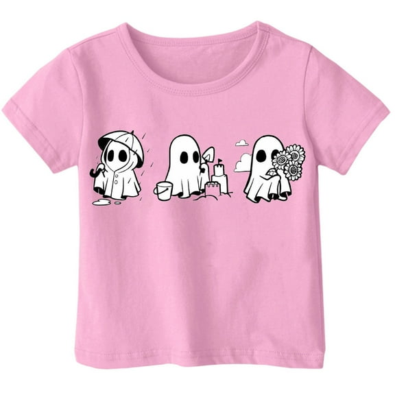 Bjutir Girl Shirts Boys Halloween Themed Printed Style Short Sleeved Top Crew Neck Cute Print Girls Tops,Pink,8-9 Years
