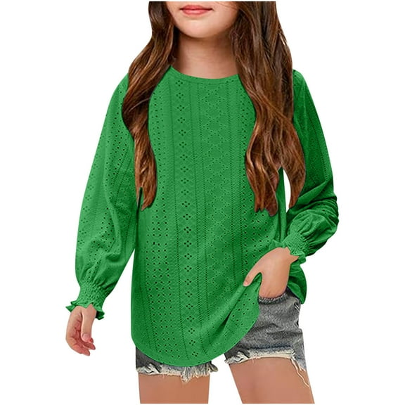 Bjutir Girl Shirts Long Sleeve Tops Casual Loose Fit Round Neck Hollow Out Blouse Tee For Teen Comfortable Breathable Daily Wear Long Sleeve Cute Print Girls Tops,Green,6-8 Years