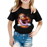 Bjutir Girl Shirts Summer Sloth Print Short Sleeve Casual Loose Fit Round Neck Tee For Kids Toddler Youth Comfortable Daily Wear Top Cute Print Girls Tops,Black,12-13 Years
