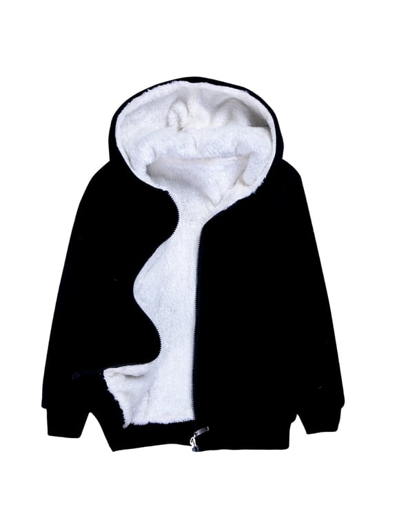 Girls Autumn Winter Long Sleeved Solid Color Warm Windproof Hood Zippered Hoodie Jacket Top Coat Black Size 4-5 Years