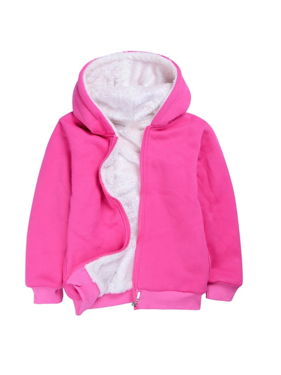 Girls Autumn Winter Long Sleeved Solid Color Warm Windproof Hood Zippered Hoodie Jacket Top Coat Hot Pink Size 2-3 Years