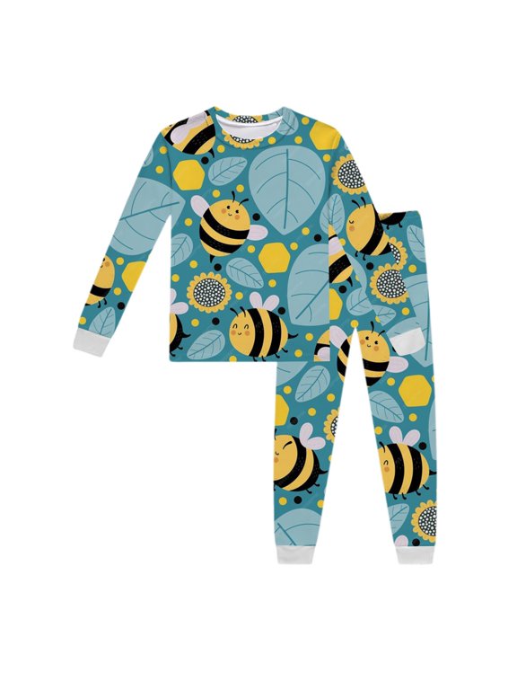 Girls Boys Pajamas Set Cartoon Bee Print Crewneck Tops And Pants Pjs Set Casual Sleepwear Long Sleeve Clothing Set Size 2-9 Years, Light Blue
