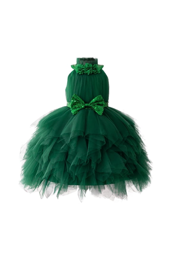 Girls Dress Christmas Party Dance Sleeveless Crewneck Solid Color Bowknot Kids Pageant Gown Dress Dark Green Size 6-7 Years