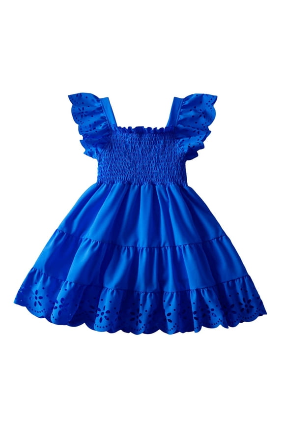 Girls Dresses Cute Toddler Fly Sleeve Solid Dress Dance Party Dresses Clothes Blue 4-5 Years