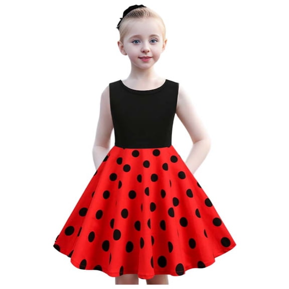 Bjutir Girls Dresses Kids Children Round Neck Sleeveless Polka Dot Vintage Princess Dress Red 7-8 Years