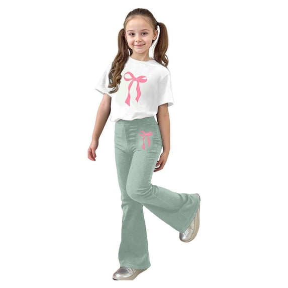 Bjutir Girls Outfit Set Letter Print Short Sleeve Crew Neck Shirt With Pants Set Summer Comfortable Toddler Kids Girls Outfit Size 7-8 Years Green