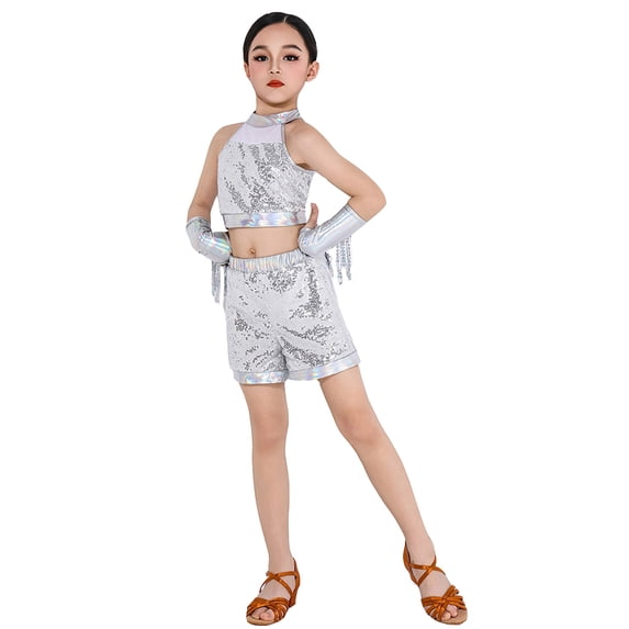 Bjutir Girls Outfit Set Sequins Print Sleeveless Mandarin Collar Shirt With Shorts Set Summer Cozy Soft Toddler Kids Girls Outfit Size 3-4 Years Silver