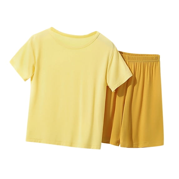 Bjutir Girls Outfit Set Solid Color Short Sleeve Crew Neck Shirt With Shorts Set Summer Lightweight Toddler Kids Girls Outfit Size 4-5 Years Yellow