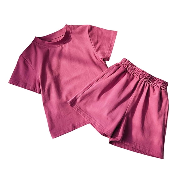 Bjutir Girls Outfit Set Solid Color Short Sleeve Crew Neck Shirt With Shorts Set Summer Smooth Toddler Kids Girls Outfit Size 5-6 Years Pink