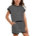 thumbnail image 1 of Glisme Girls Outfit Set Striped Print Short Sleeve Crew Neck Shirt With Shorts Set Summer Casual Toddler Kids Girls Outfit Size 6-7 Years Black, 1 of 4