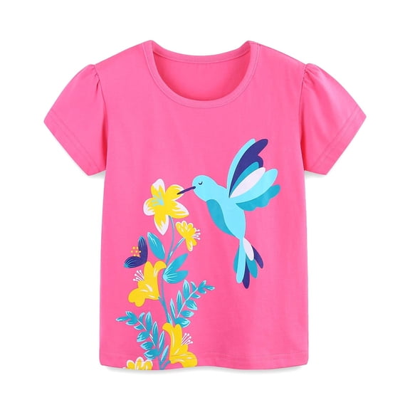 Bjutir Girls Shirts Summer Bird Print Short Sleeve Crew Neck Tops Comfortable Girl T-Shirt Size 5-6 Years Pink