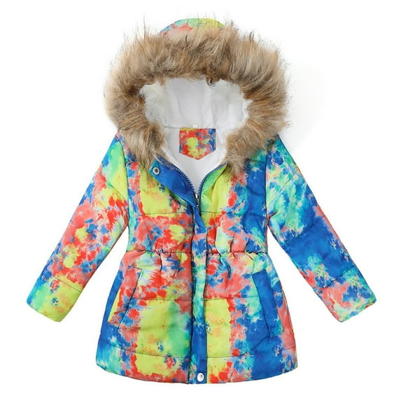 Bjutir Girls Winter Long Sleeve Hooded Coat Jacket Thicken Up Kids Tie-Dye Zip Baby Keep Coat Warm Coat Jacket