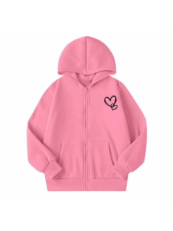 Girls Zip Up Hoodies Heart Print Jackets With Hood Holiday Long Sleeve Pullover Leisure Daily Wear, Size 5-14 Years, Pink