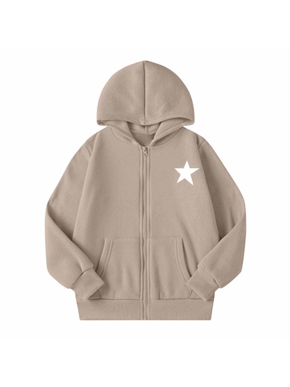 Girls Zip Up Hoodies Kids Star Print Jackets With Hood Holiday Long Sleeve Pullover Cozy School Wear, Size 5-14 Years, Khaki