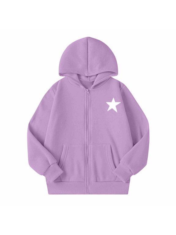 Girls Zip Up Hoodies Kids Star Print Jackets With Hood Holiday Long Sleeve Pullover Cozy School Wear, Size 5-14 Years, Purple