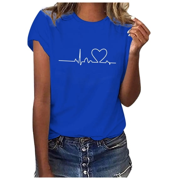 Bjutir Graphic Tees For Women Trendy T Shirt Printed Pattern Casual Fashion Soild Color Short Sleeve Tops Blue L