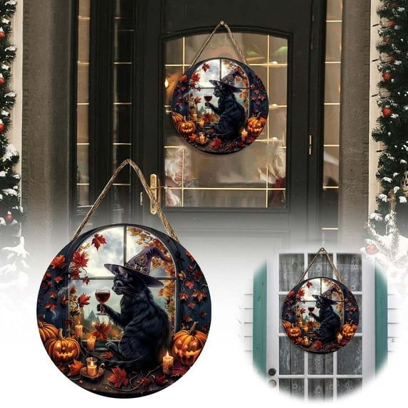 Bjutir Halloween Door Hanging Decorations Wooden Cat Round Plaque Decoration For Home Holidays