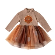Bjutir Halloween Dress For Girls Turkey Print Long Sleeve Mesh Dress Cozy High Neck Dresses For Festival Wear, Size 6 Months-3 Years, Khaki