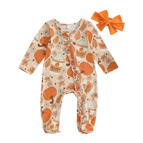 Bjutir Halloween Romper For Baby Pumpkin Print Romper With Zipper Long Sleeve Crew Neck Comfortable Soft Fall Winter Halloween Baby Onesies Size 0-3 Months Orange