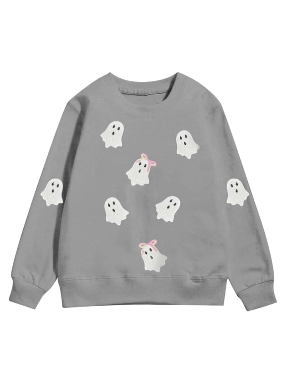 Halloween Sweatshirt For Girls Child Ghost Print Long Sleeve Crew Neck Tops Fashion Casual Kids Fall Sweatshirt, Size 3-14 Years, Grey