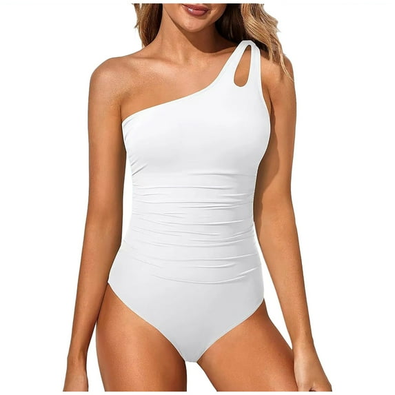 Bjutir High Cut One Piece Swimsuit Womens Slanted Shoulder Hollow 1 Piece Swimsuit Summer Vintage Ruffle Shapewear One Piece Bathing Suit For Women White 2Xl