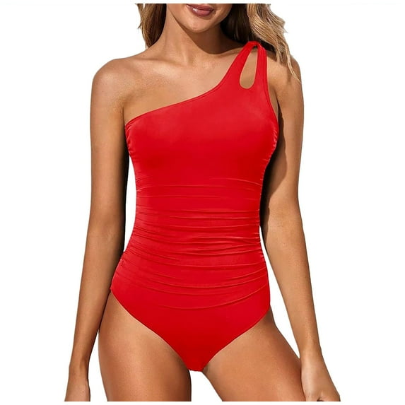 Bjutir High Cut One Piece Swimsuit Womens Slanted Shoulder Hollow 1 Piece Swimsuit Summer Vintage Ruffle Shapewear One Piece Bathing Suit For Women Red S