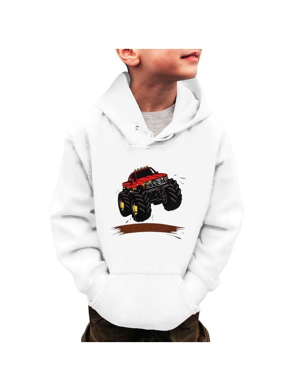 Hoodies For Boys Cartoon Car Print Pullover Tops Fashion Hooded Sweatshirt Everyday Wear Hoody Size 3-14 Years, White