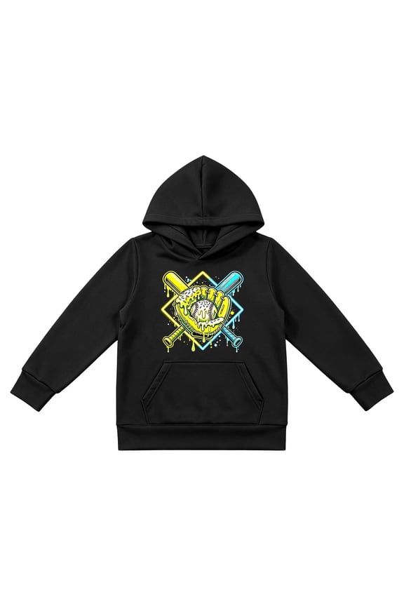 Kids Boys Hoodies Baseball Print Pullover Tops Leisure Hooded Sweatshirt Streetwear Clothes Size 3-14 Years, Black
