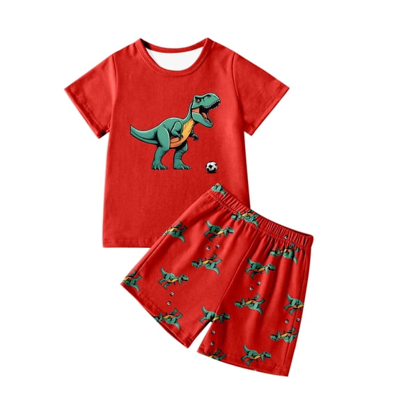 Bjutir Kids Boys Outfit Set Dinosaur Print Short Sleeve Crew Neck T Shirt With Shorts Outfit Summer Lightweight Toddler Boys Set Size 9-10 Years Red