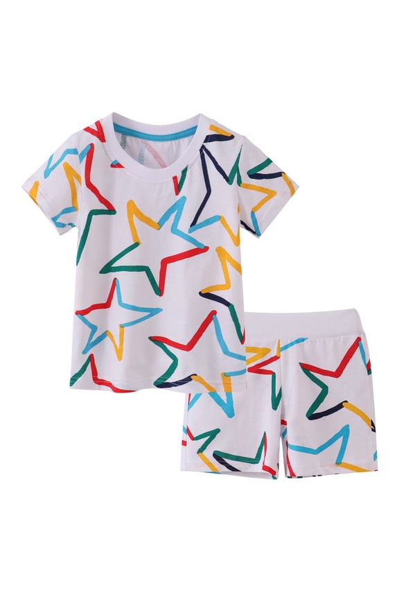 Kids Boys Outfit Set Star Print Short Sleeve Crew Neck Shirt With Shorts Set Summer Smooth Toddler Boys Outfit Size 18-24 Months White