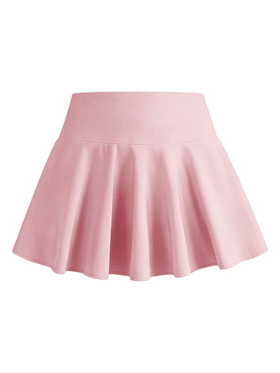 Kids Girls Athletic Skirt With Inner Pocket Solid Color Elastic Waist Bottom Stretch Ruffled Skirt For Tennis Wear, Size 5-14 Years, Pink