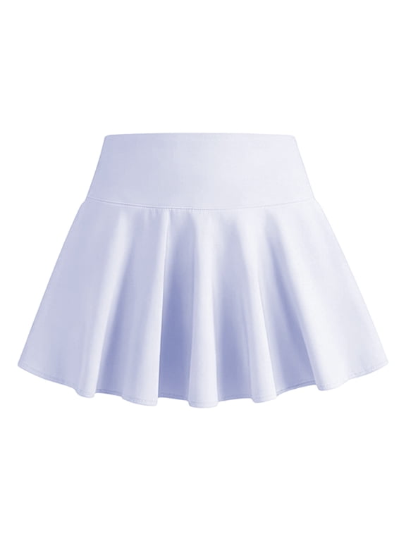 Kids Girls Athletic Skirt With Inner Pocket Solid Color Elastic Waist Bottom Stretch Ruffled Skirt For Tennis Wear, Size 5-14 Years, White